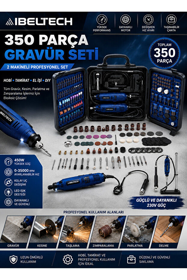 İBELTECH Blue Series 350 Parça 2 Makineli Profesyonel 3500 Rpm Gravür Seti Kesme Taşlama Zımpara Oyma Motoru